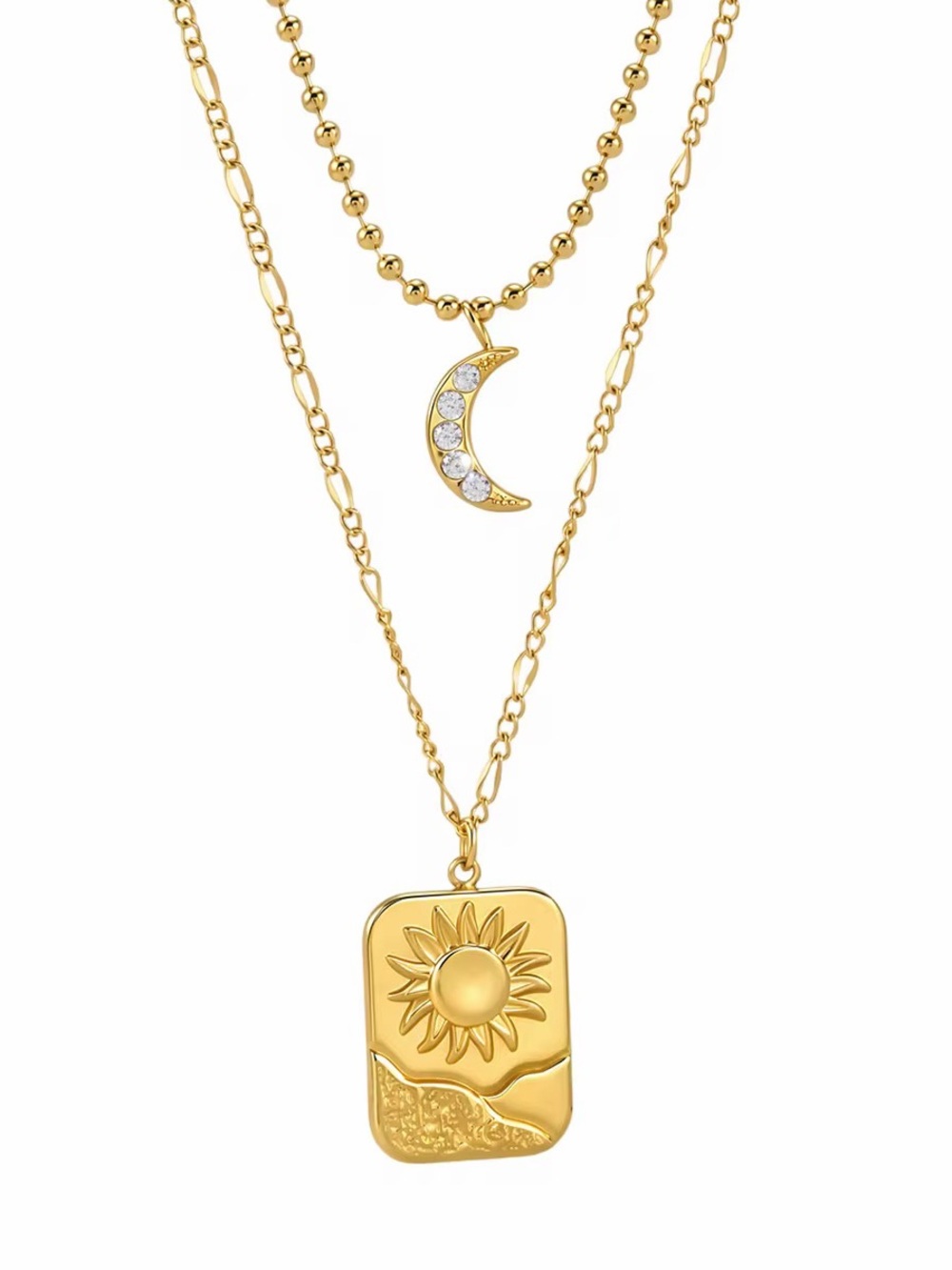 18K Gold Plated  Double Layer Sun & Moon Necklace